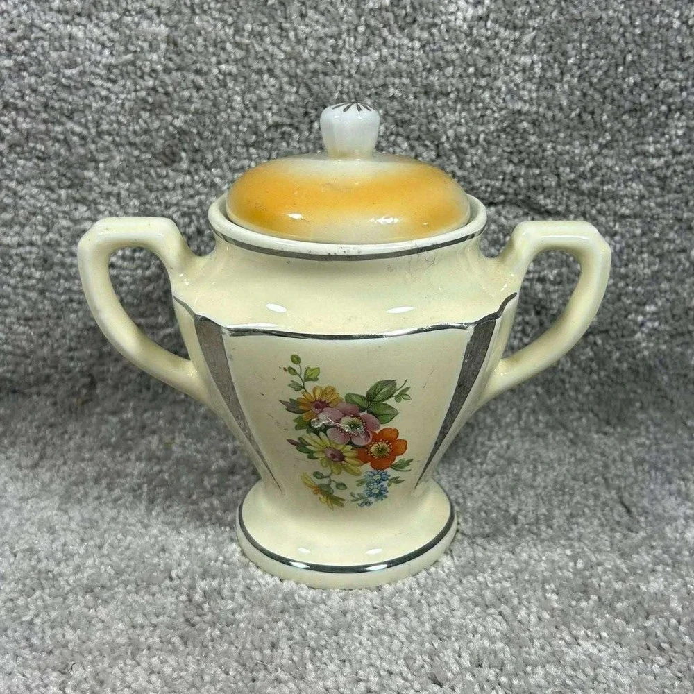 Sugar Bowl Cream Floral Silver Trim Vintage Double Handle Lid Small‎